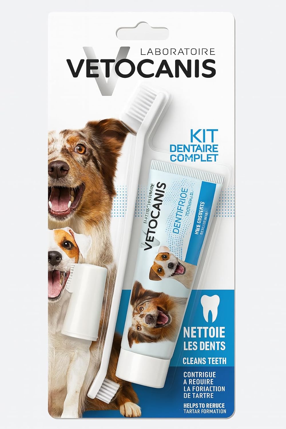 Vetocanis Bio00068 zestaw do pielęgnacji zębów dla psów ze szczoteczką do zębów, pastą do zębów i szczotką do masażu, ciastka smakowe