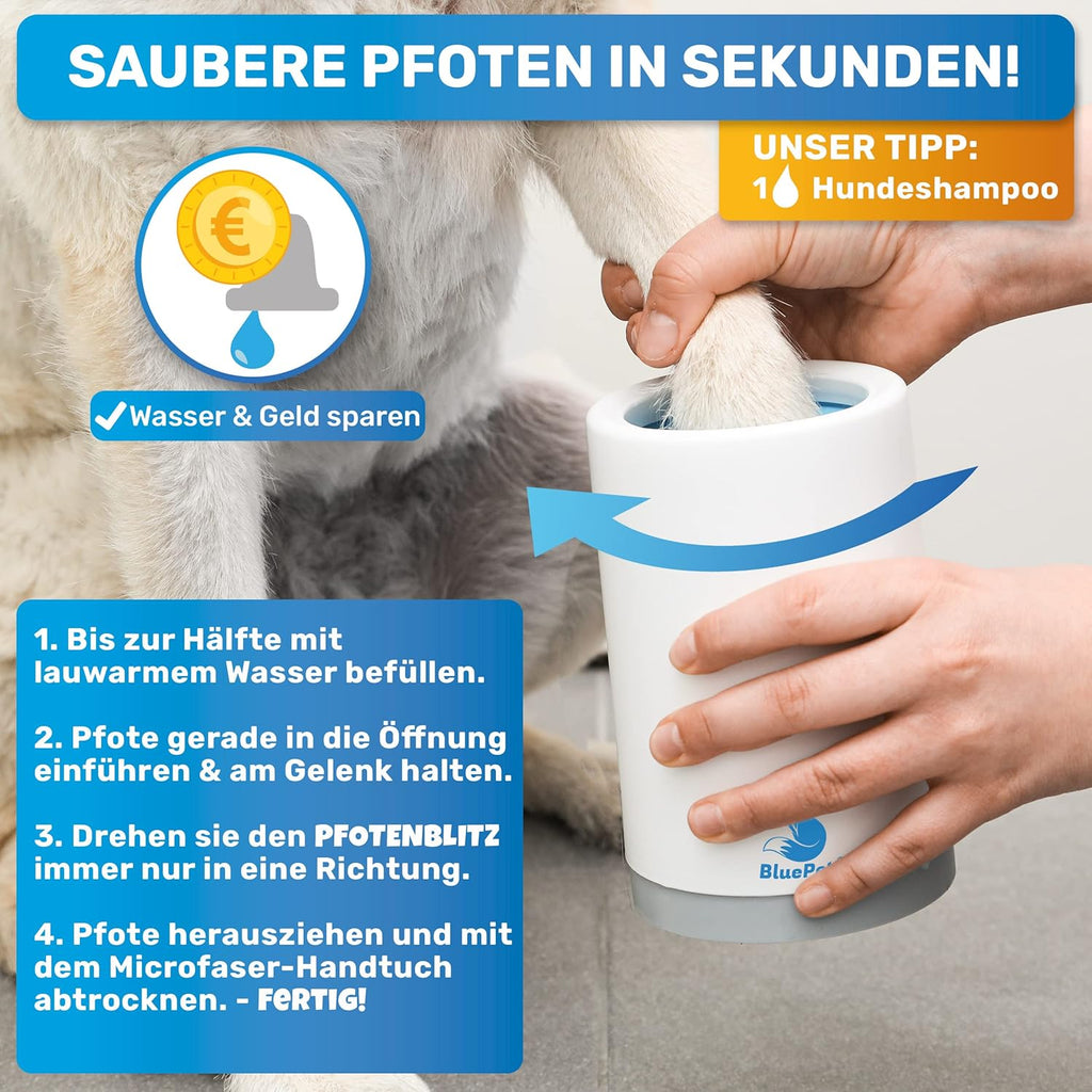 BluePet Pfotenreiniger dla psów do usuwania brudu i zabrudzeń z łap psa I W zestawie ręcznik z mikrofibry I PfotenBlitz rozmiar S
