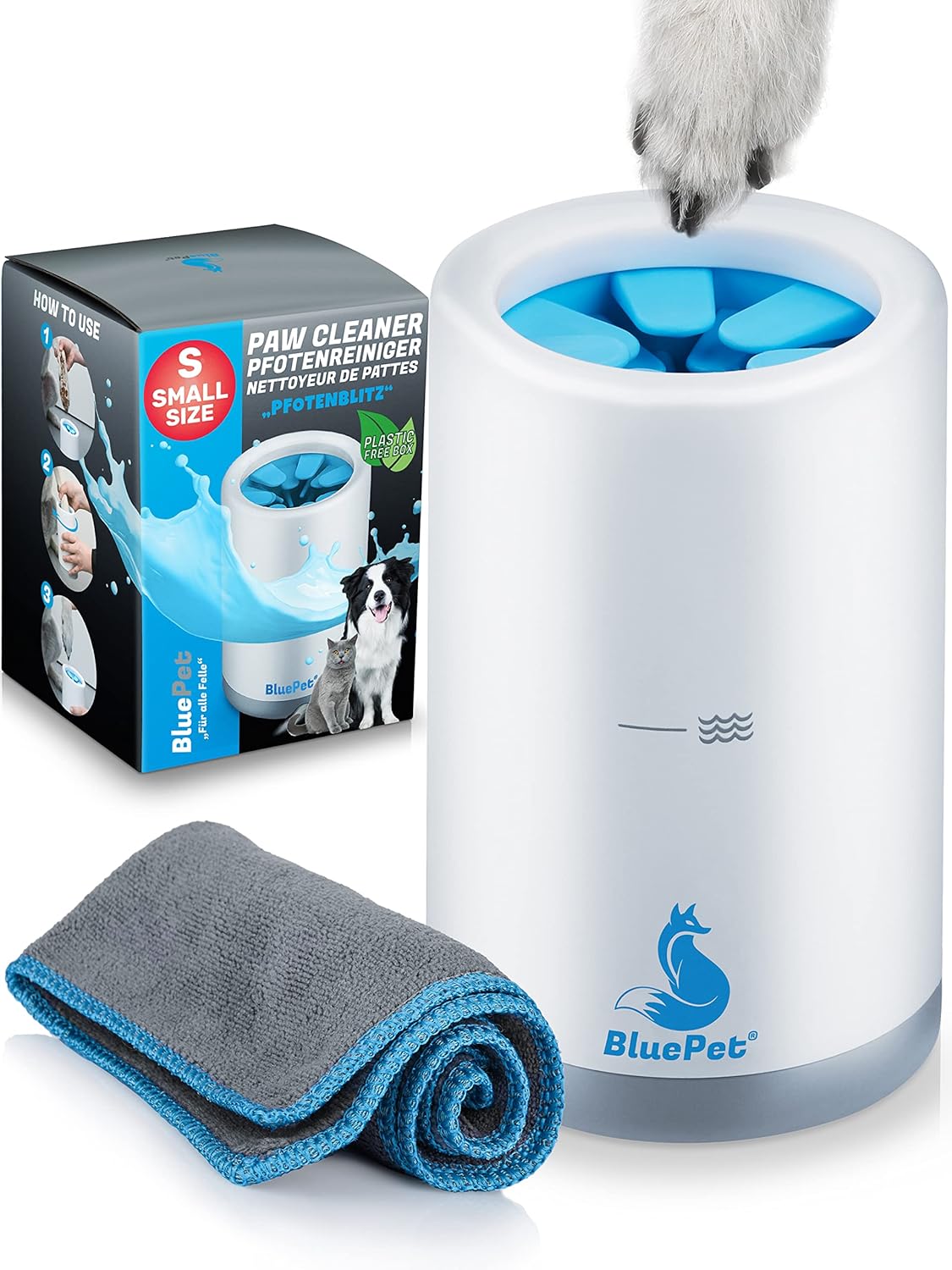BluePet Pfotenreiniger dla psów do usuwania brudu i zabrudzeń z łap psa I W zestawie ręcznik z mikrofibry I PfotenBlitz rozmiar S