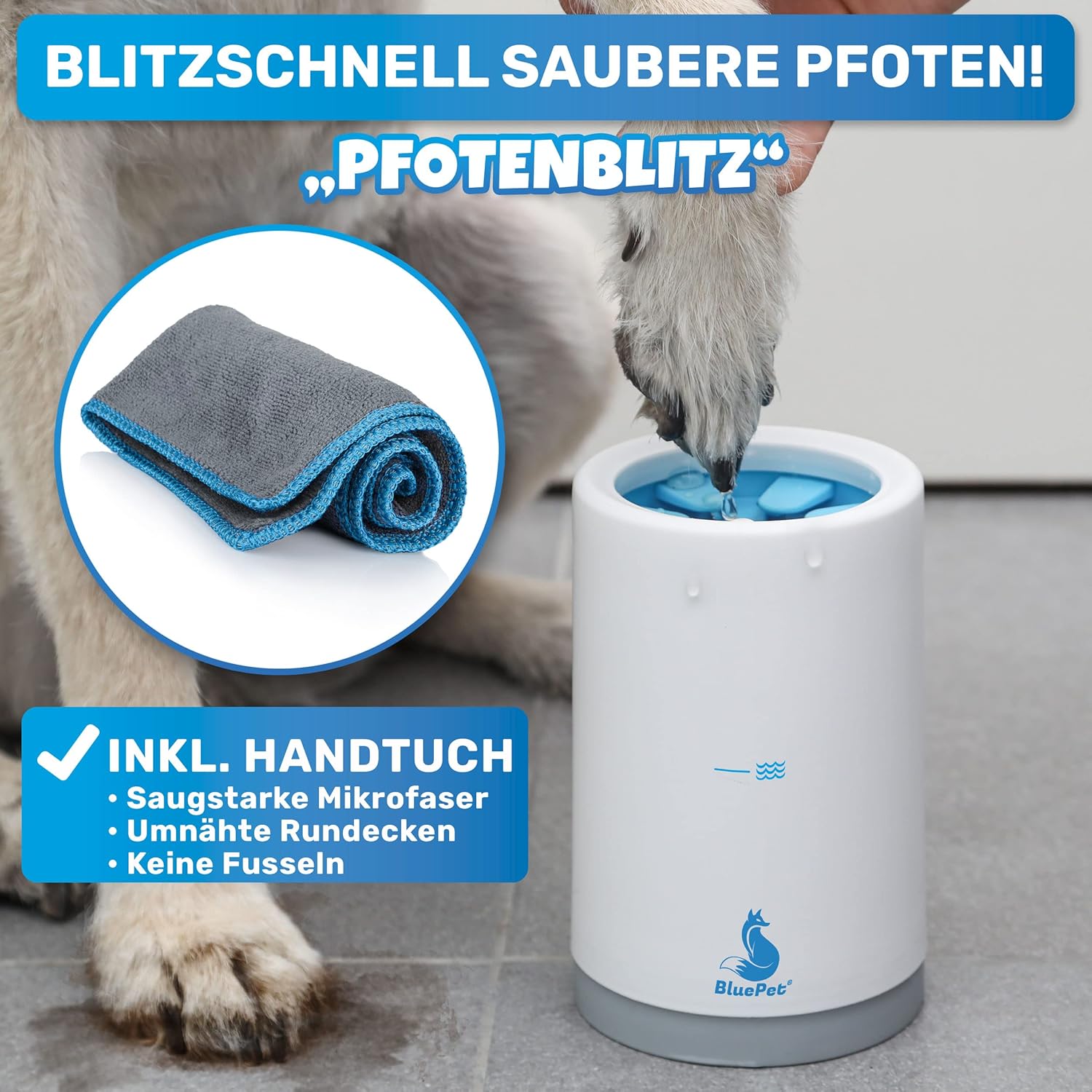 BluePet Pfotenreiniger dla psów do usuwania brudu i zabrudzeń z łap psa I W zestawie ręcznik z mikrofibry I PfotenBlitz rozmiar S