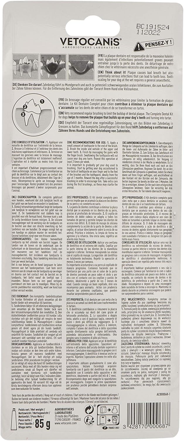 Vetocanis Bio00068 zestaw do pielęgnacji zębów dla psów ze szczoteczką do zębów, pastą do zębów i szczotką do masażu, ciastka smakowe